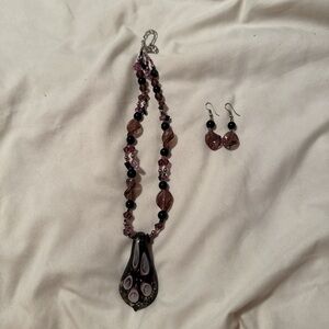 Elegant Black and Purple Beaded Necklace and Earring Set